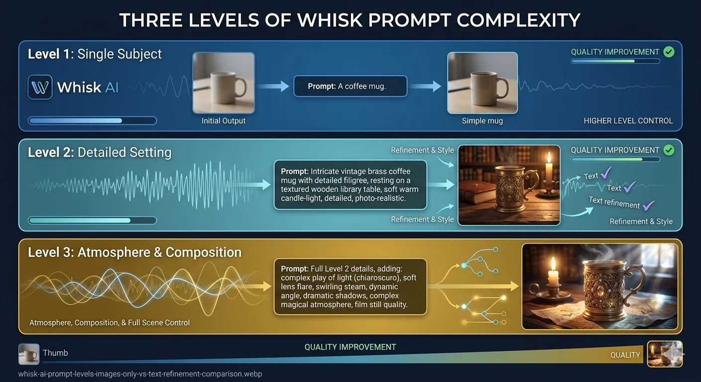 Comparison showing three Whisk AI prompt levels — images only, images with short text, and images with crafted refinement — and their output quality difference