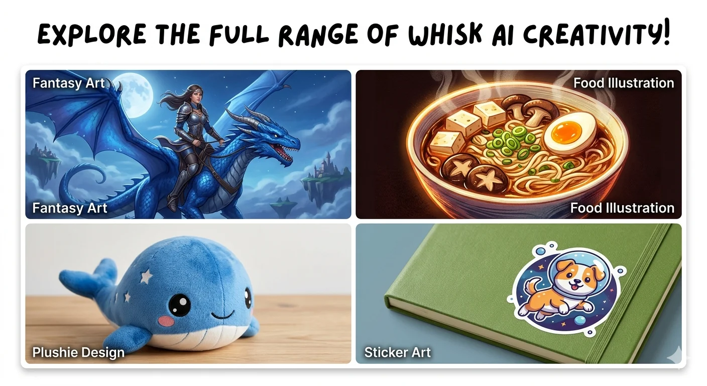 Diverse collection of Google Whisk AI creative prompt outputs including fantasy illustration, food art, plushie design, and sticker results