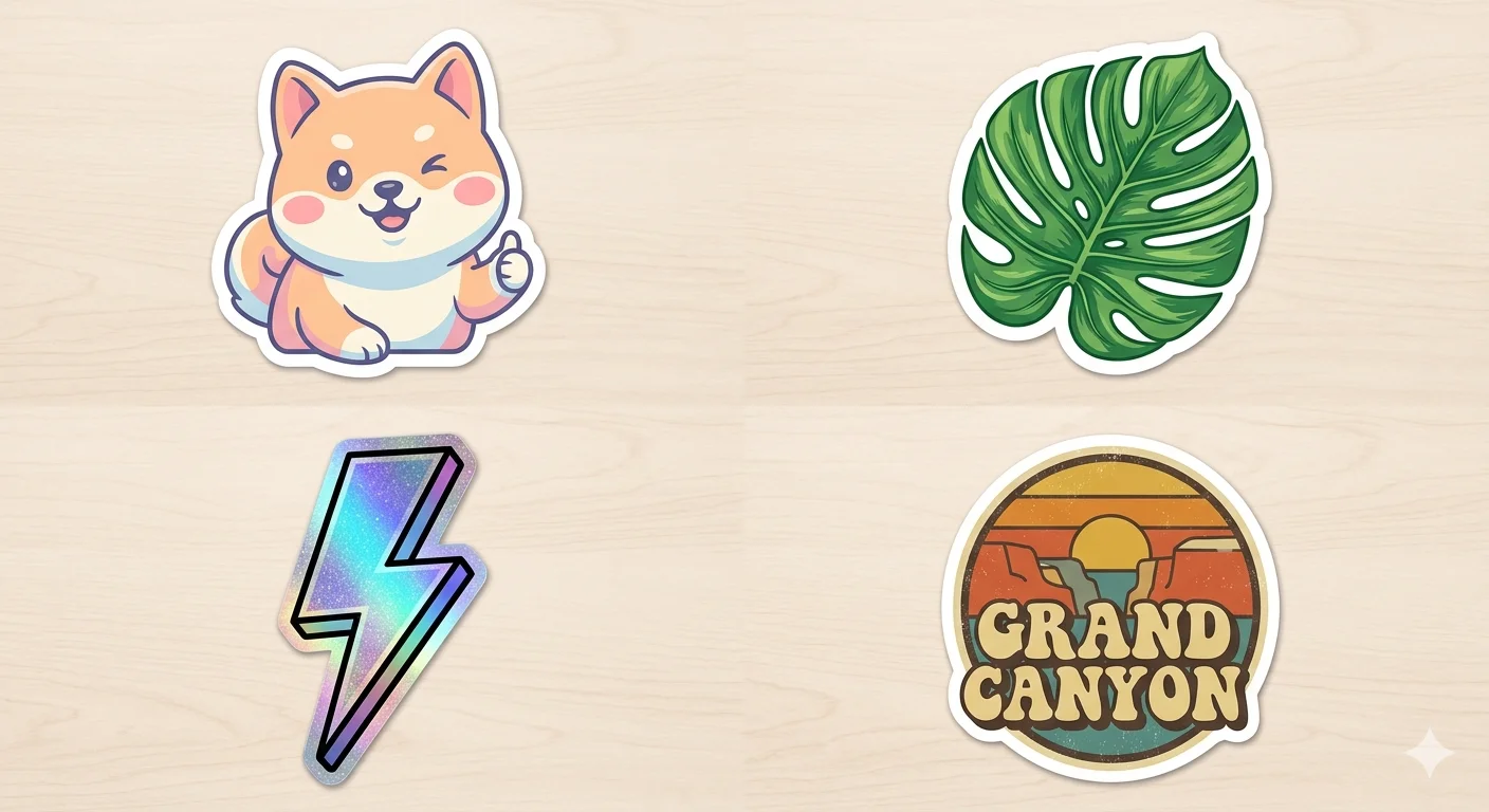 Four Whisk AI sticker prompt output examples showing kawaii, vinyl die-cut, holographic foil, and retro cartoon sticker styles