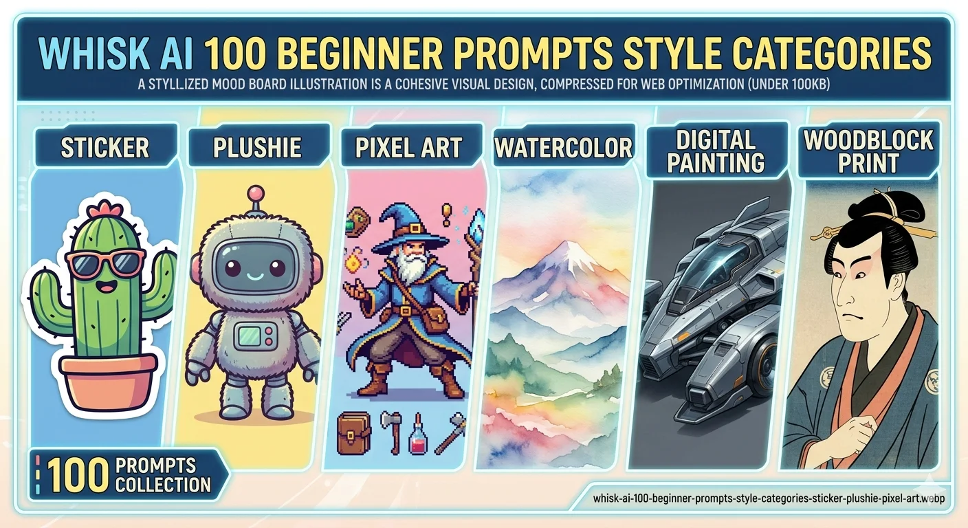 Overview of Whisk AI prompt style categories including sticker, plushie, enamel pin, nature, food, pixel art, and fantasy styles