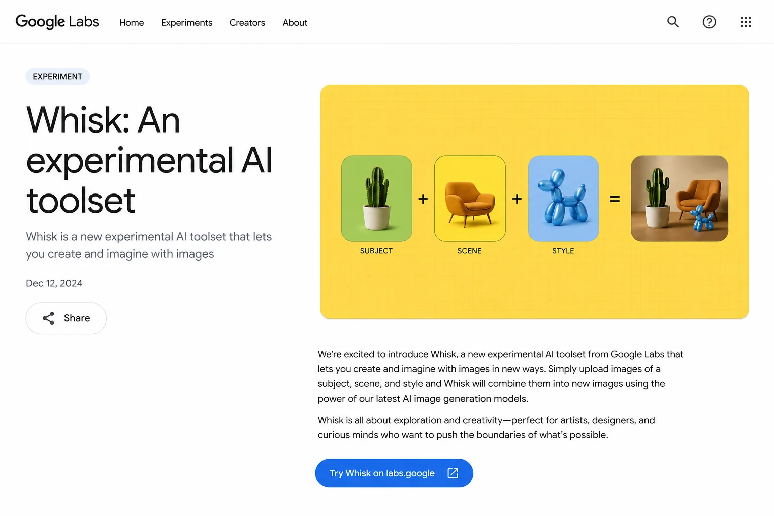 Google Labs Whisk AI launch announcement from December 2024 showing the experimental tool introduction
