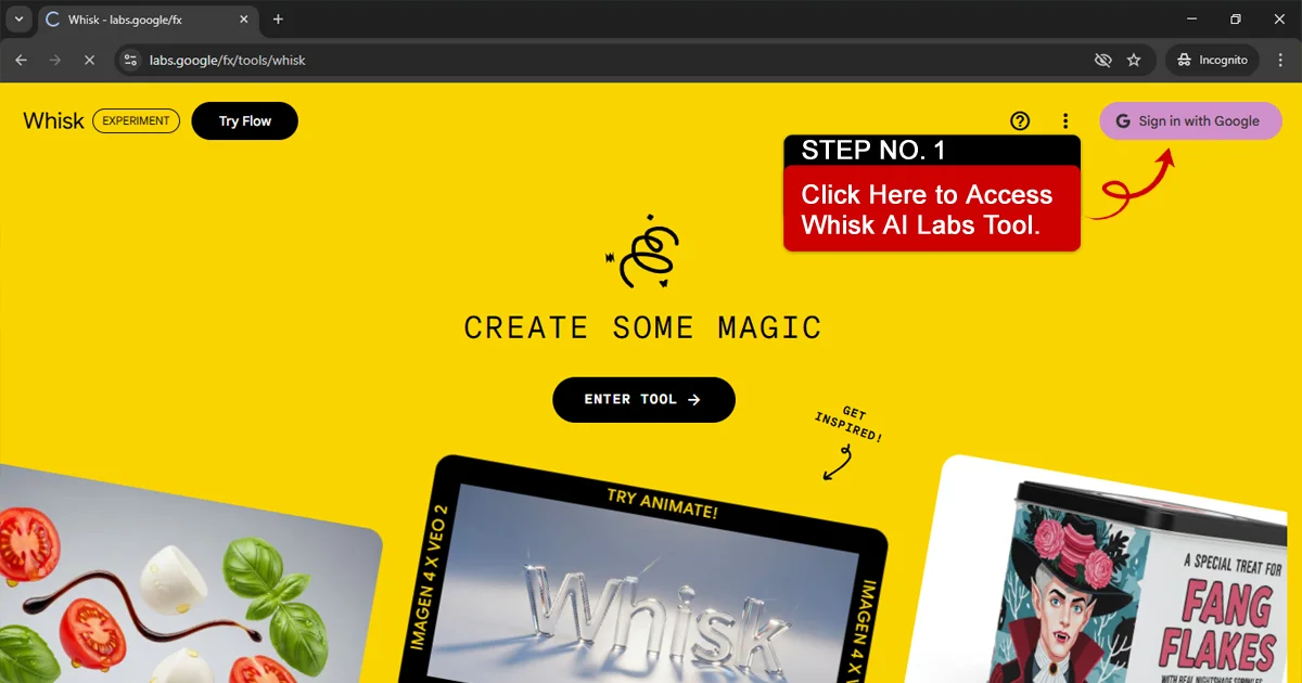 Google Whisk AI interface showing the three image input slots for subject, scene, and style