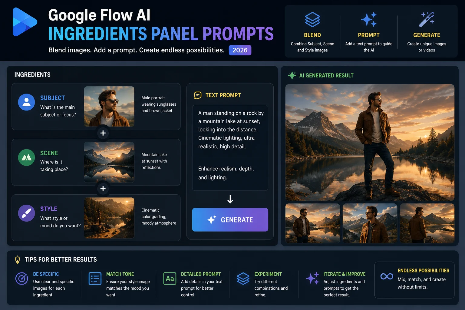 Google Flow AI Ingredients panel prompts Subject Scene Style blending 2026 Caption The Ingredients panel lets you blend Subject, Scene, and Style images with a text prompt USE Place this image right after this heading — before the paragraph below