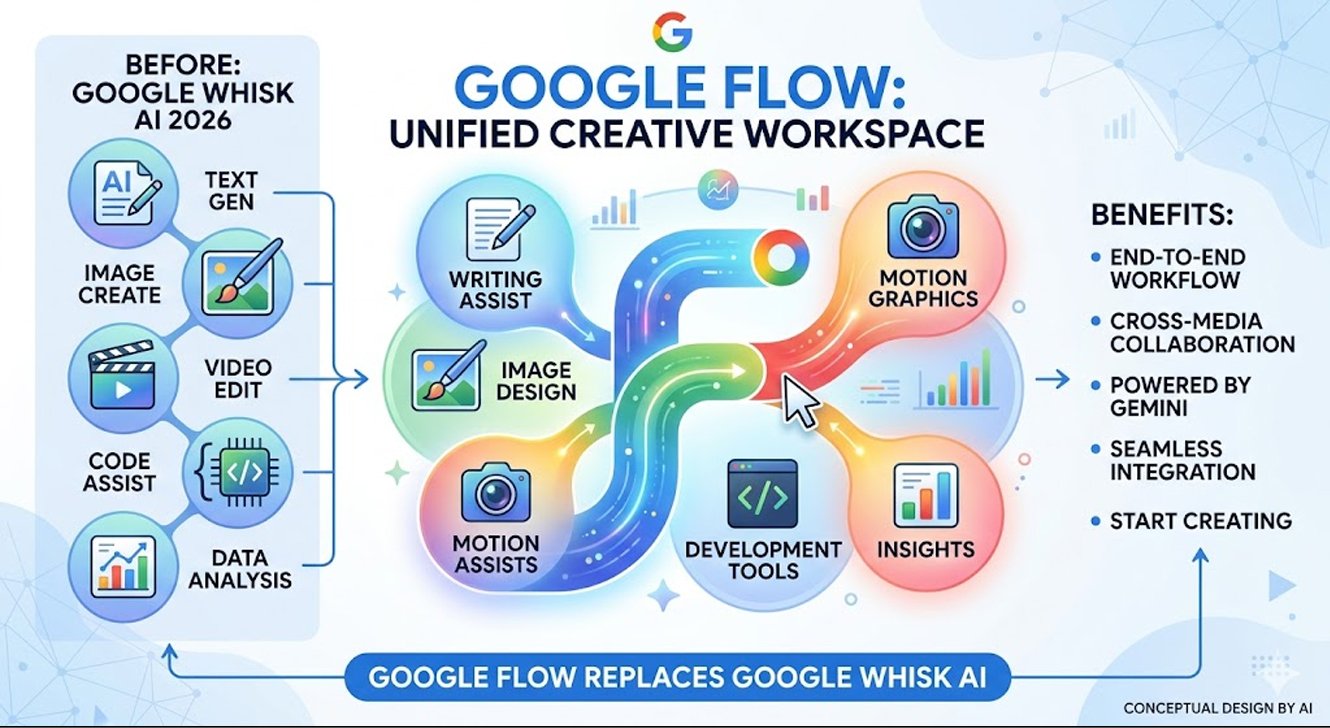 Google Flow unified AI creative platform replacing Google Whisk AI 2026