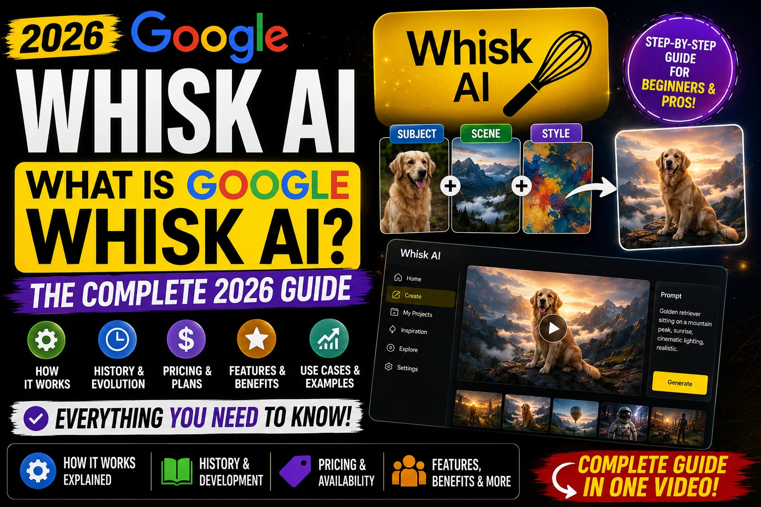 Google Whisk AI interface showing the three image input slots for subject, scene, and style
