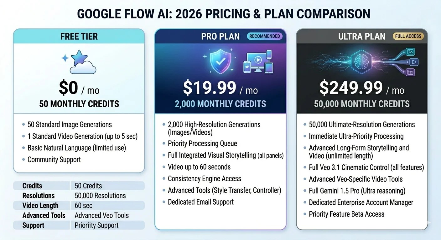 Google Flow AI pricing comparison 2026 showing free tier 50 credits versus Pro 19.99 and Ultra 249.99 monthly plans