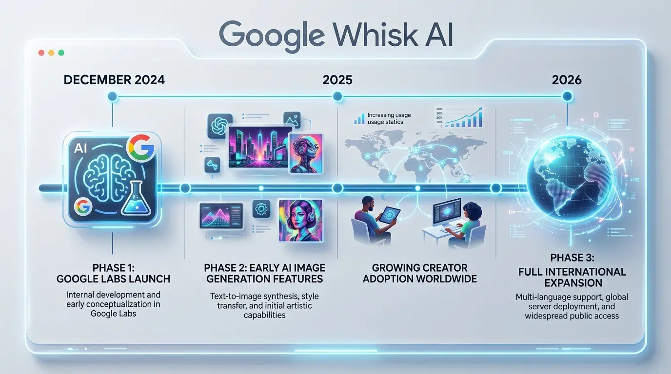 Timeline showing Google Whisk AI development from December 2024 Google Labs launch through 2026 global expansion
