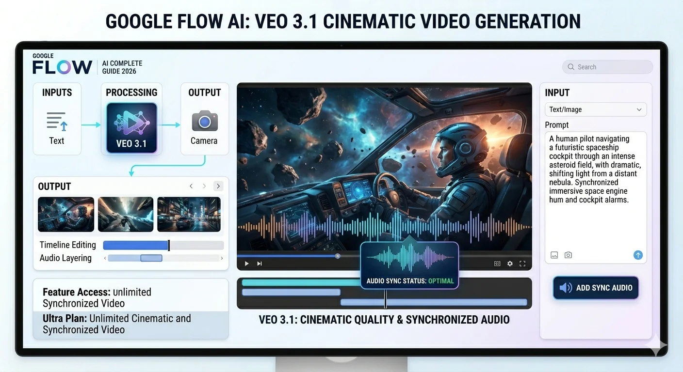 Google Flow AI Veo 3.1 video generation output showing cinematic quality with synchronized audio capabilities