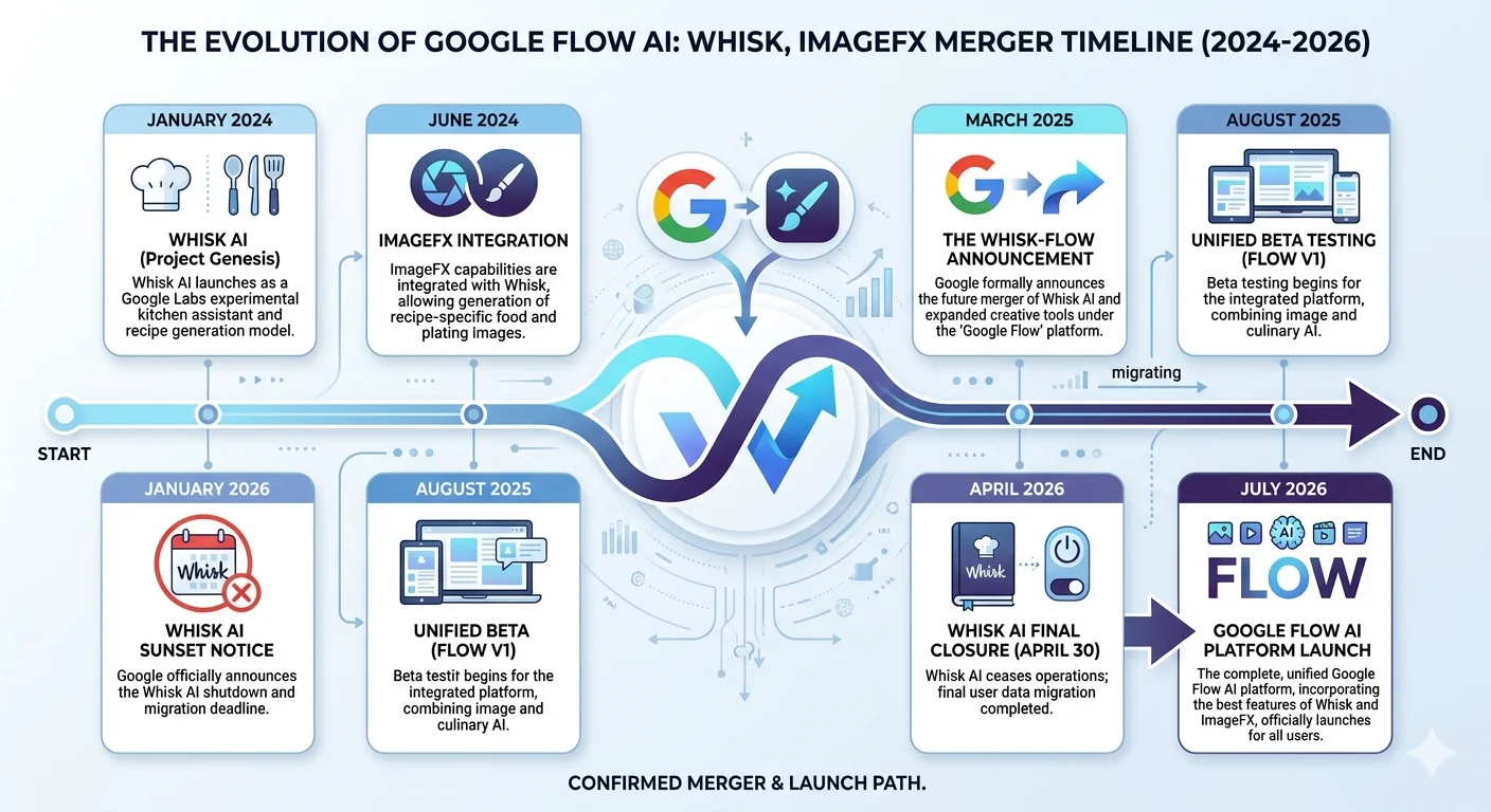 Google Flow AI history timeline from 2024 launch through February 2026 merger of Whisk ImageFX and Flow