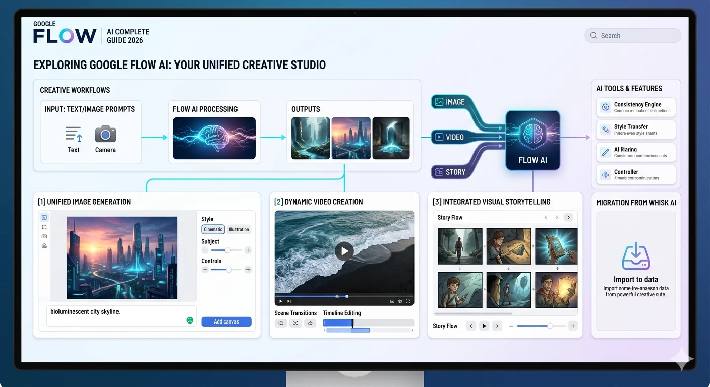 Google Flow AI interface showing creation panel timeline and library sections of the unified creative workspace