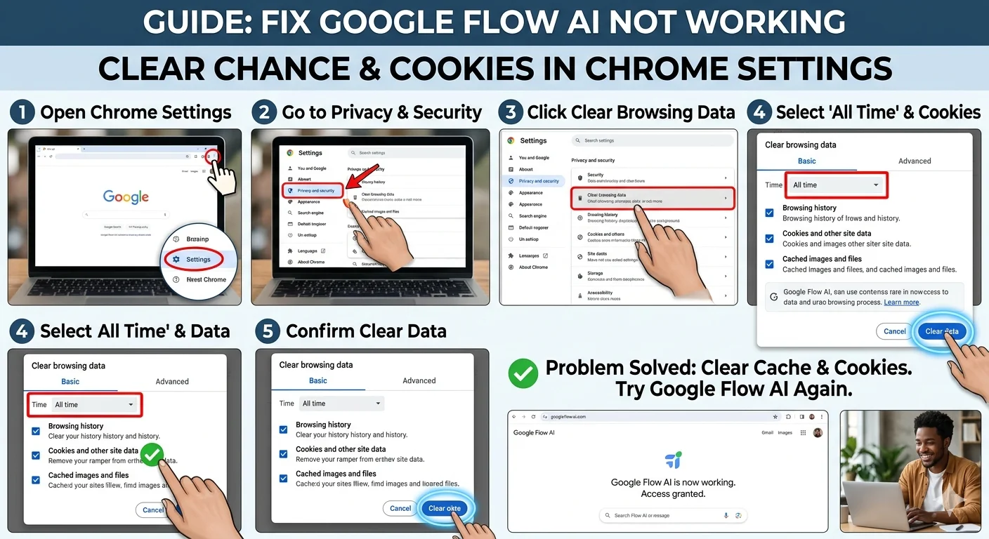 Chrome clear browsing data settings showing how to fix Google Flow AI not working by clearing cache and cookies completely