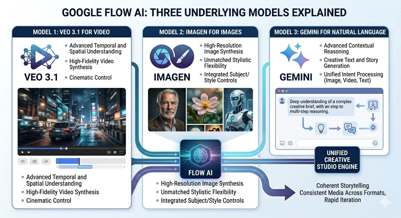 Google Flow AI three underlying models showing Veo 3.1 for video Imagen for images and Gemini for natural language