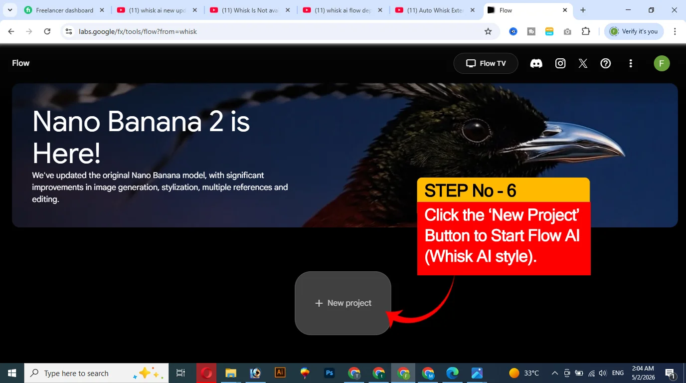 Google Flow AI tutorial showing first image generation with example prompt and resulting output for beginners