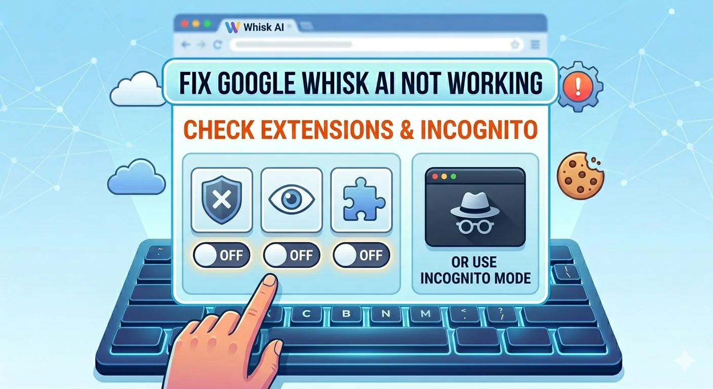 Chrome extensions panel and incognito mode showing how to fix Google Whisk AI not working caused by ad blocker or browser extension conflict