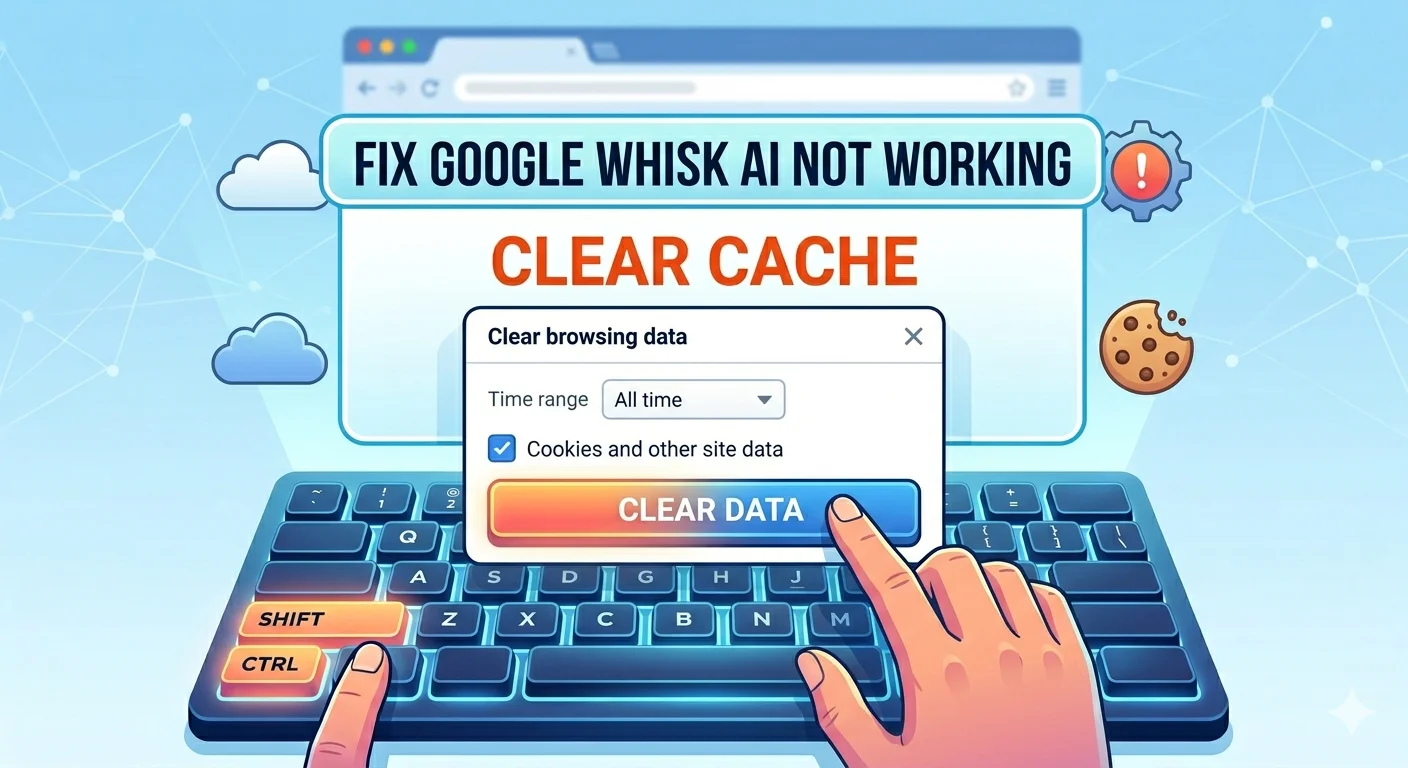 Chrome browser clear browsing data settings showing how to fix Google Whisk AI not working by clearing cache and cookies