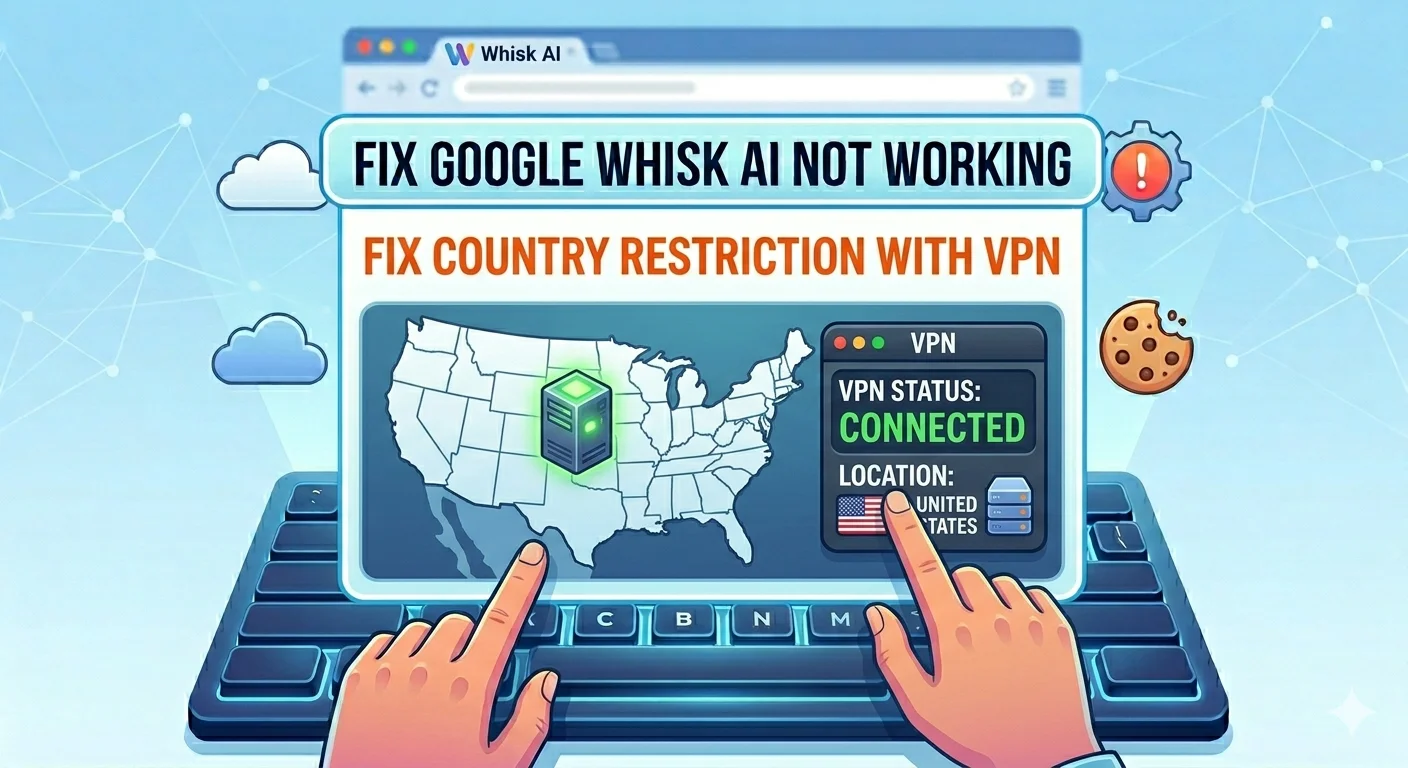 VPN app connected to United States server showing fix for Google Whisk AI not working or not available in your country error