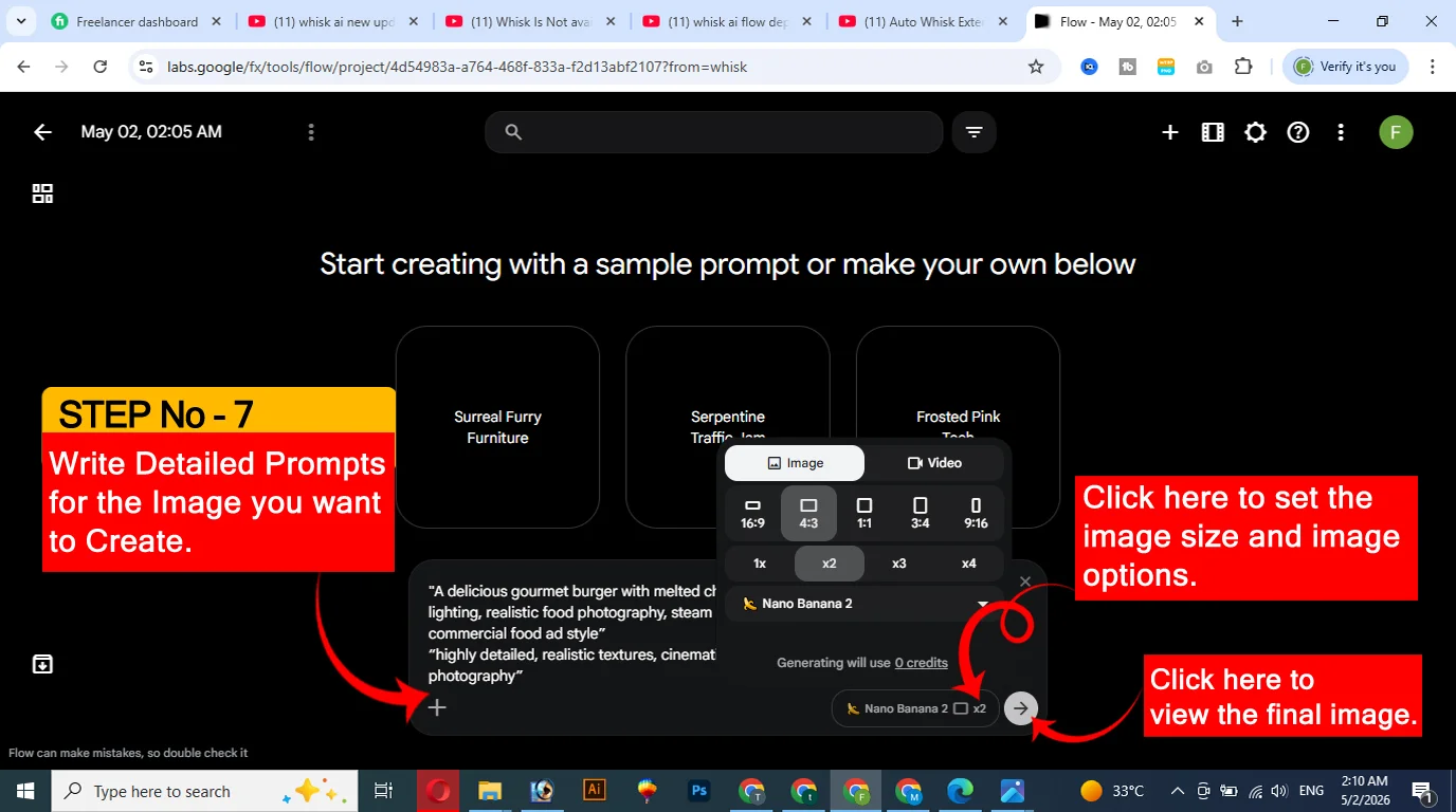 Google Flow AI tutorial showing first image generation with example prompt and resulting output for beginners