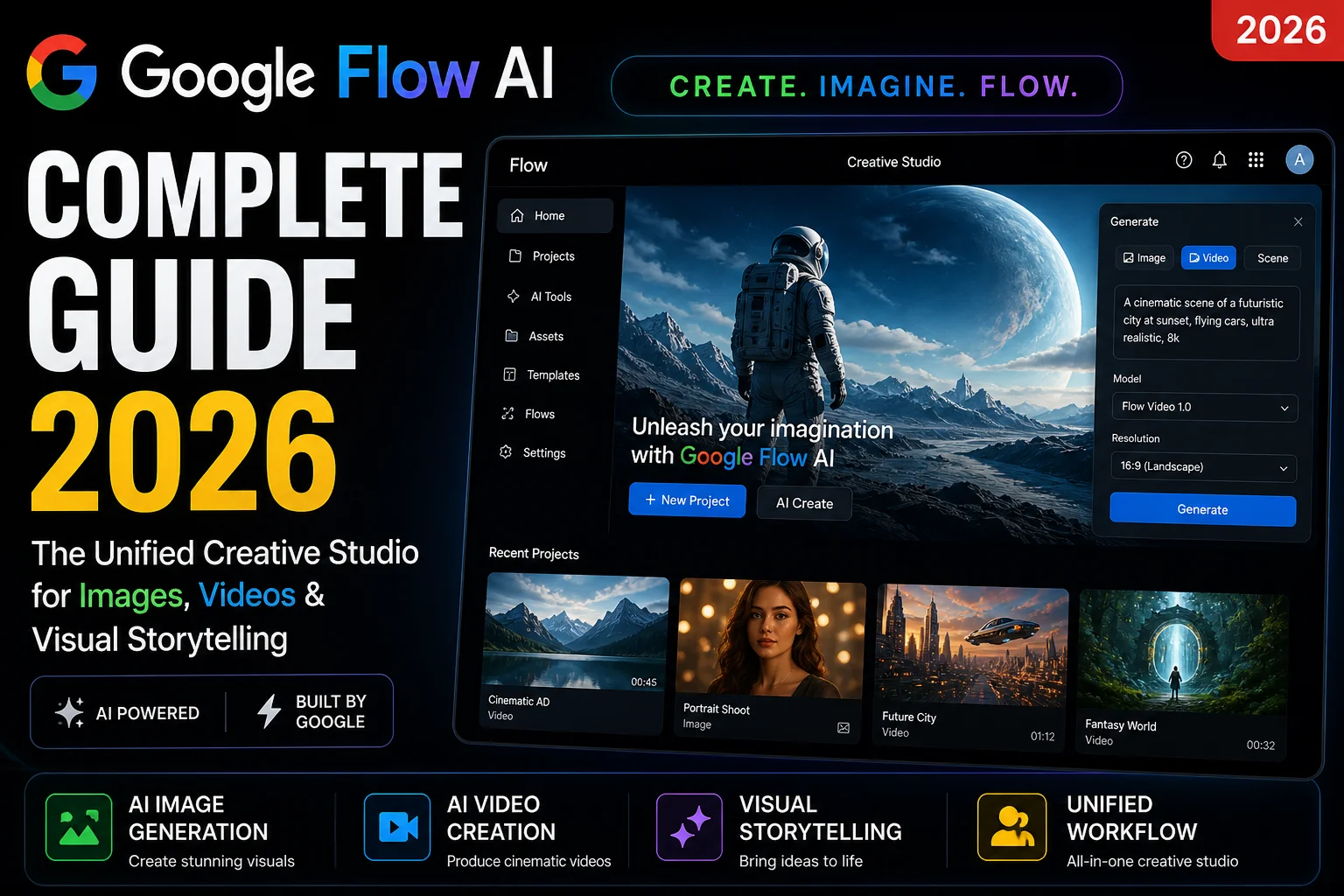 Google Flow AI complete guide 2026 showing the unified creative studio for images videos and visual storytelling