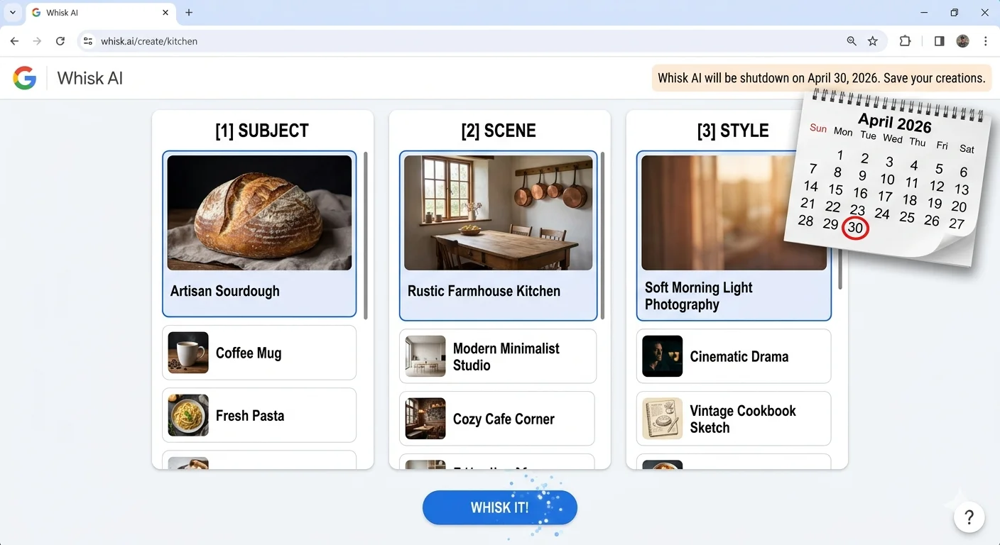 Google Whisk AI original interface showing subject scene and style three-input system before April 30 2026 shutdown