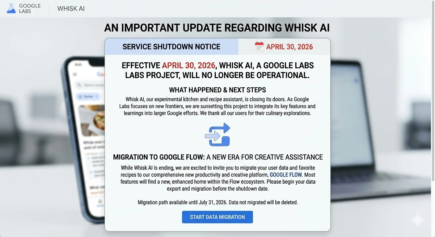 Whisk AI shutdown announcement April 30 2026 showing Google Labs closure notice and migration to Google Flow