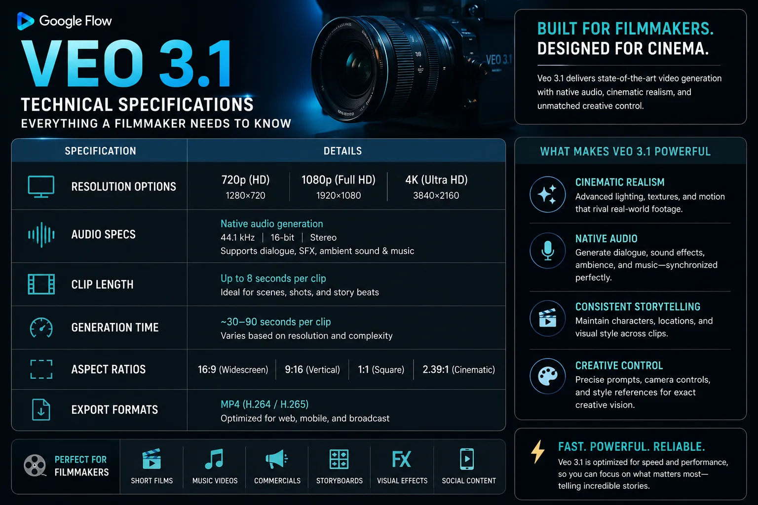 Veo 3.1 technical specs for filmmakers 2026 showing resolution audio and generation capabilities