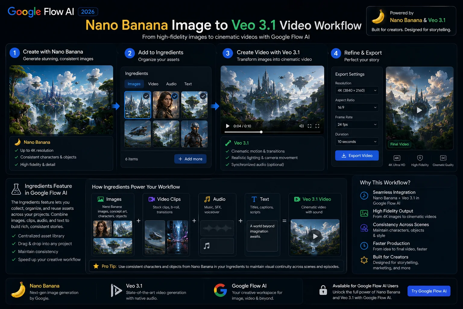 Nano Banana image to Veo 3.1 video workflow Google Flow AI Ingredients feature 2026