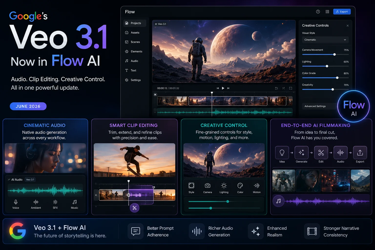 Veo 3.1 update 2026 showing new editing features inside Google Flow AI