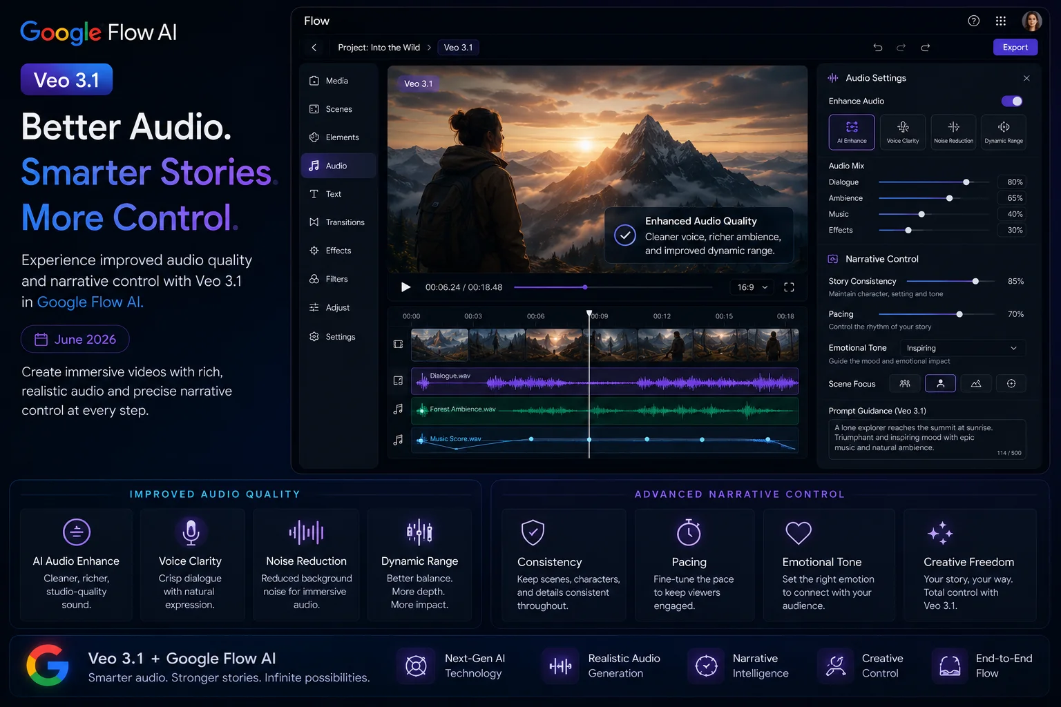 Veo 3.1 showing improved audio quality and narrative control settings in Google Flow AI