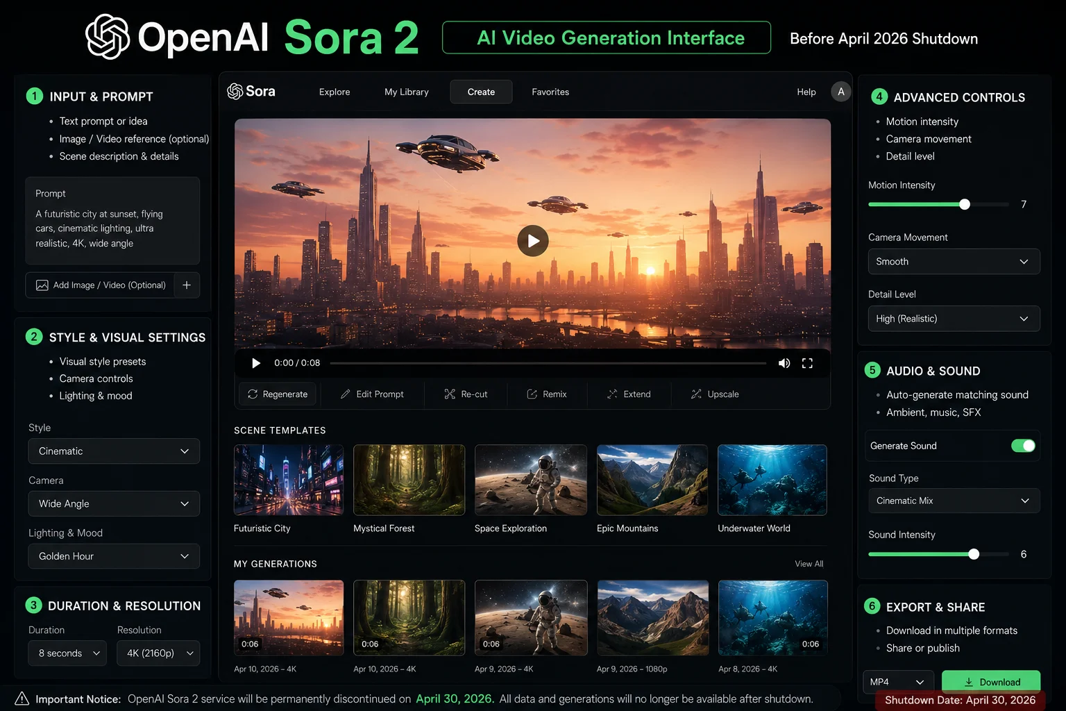 OpenAI Sora 2 interface showing video generation features before April 2026 shutdown