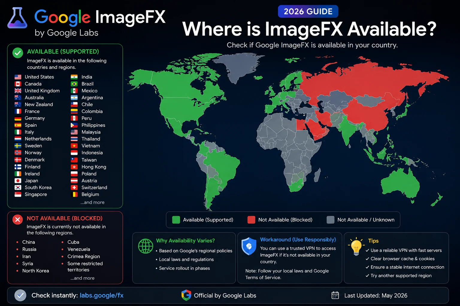 Google ImageFX supported countries map 2026 showing available and blocked regions