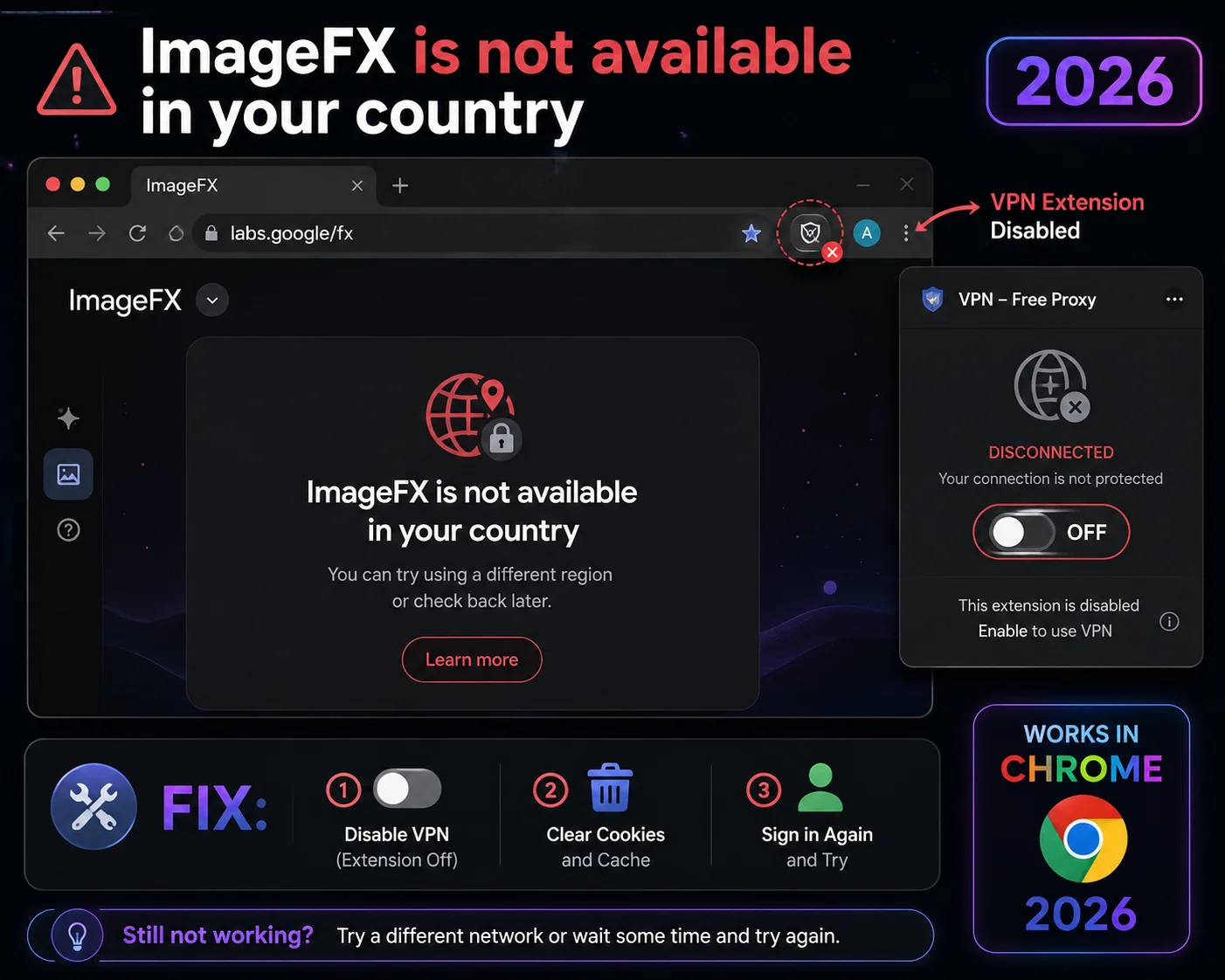 ImageFX not available in your country fix showing VPN extension being disabled in Chrome 2026