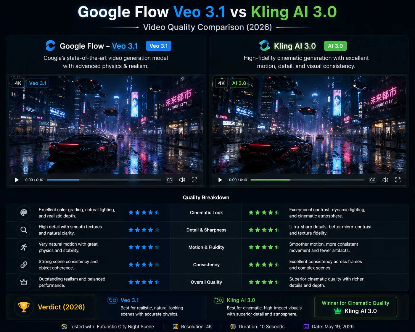 Google Flow Veo 3.1 vs Kling AI 3.0 video quality comparison showing cinematic output side by side 2026