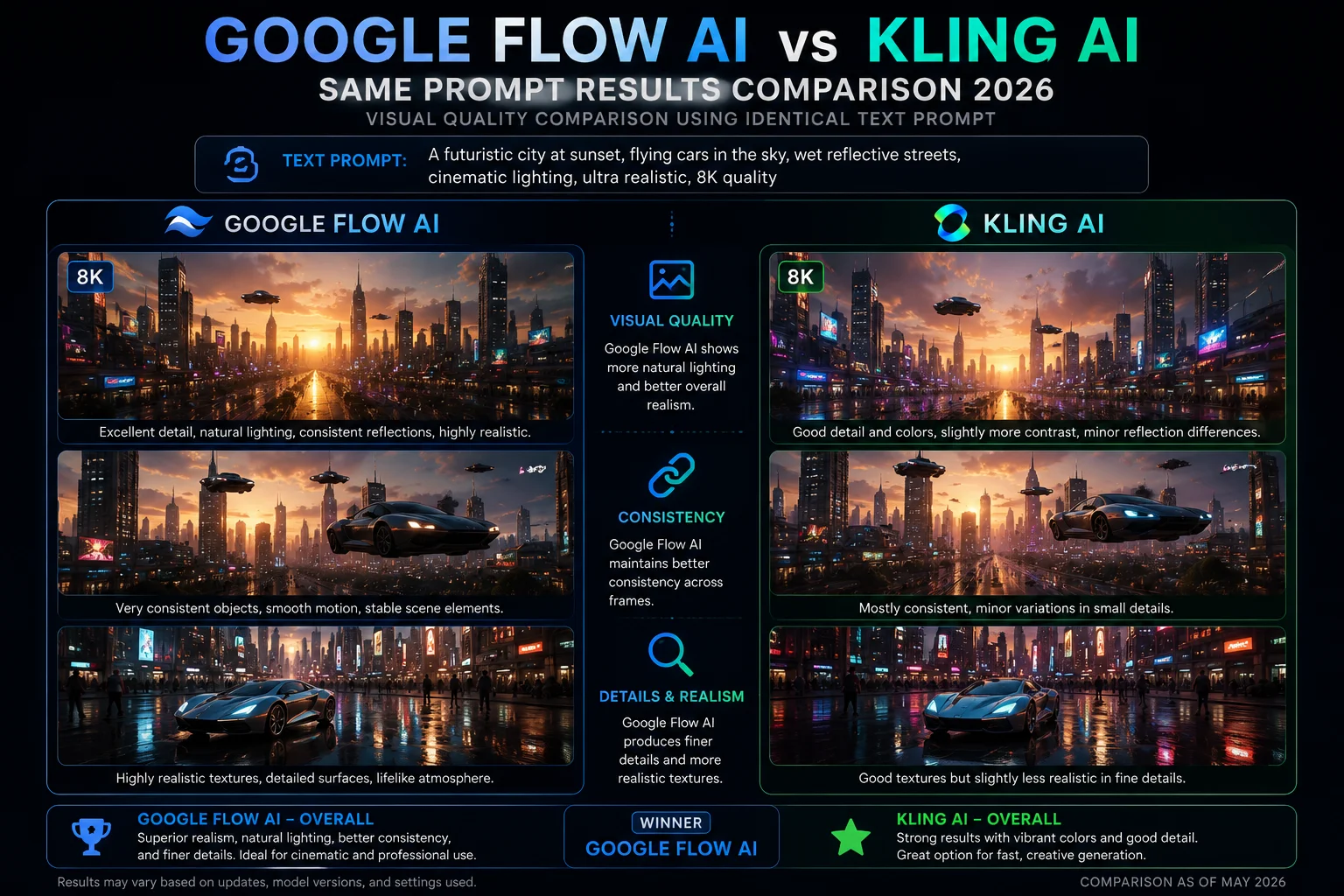 Google Flow AI vs Kling AI same prompt results 2026 showing visual quality differences