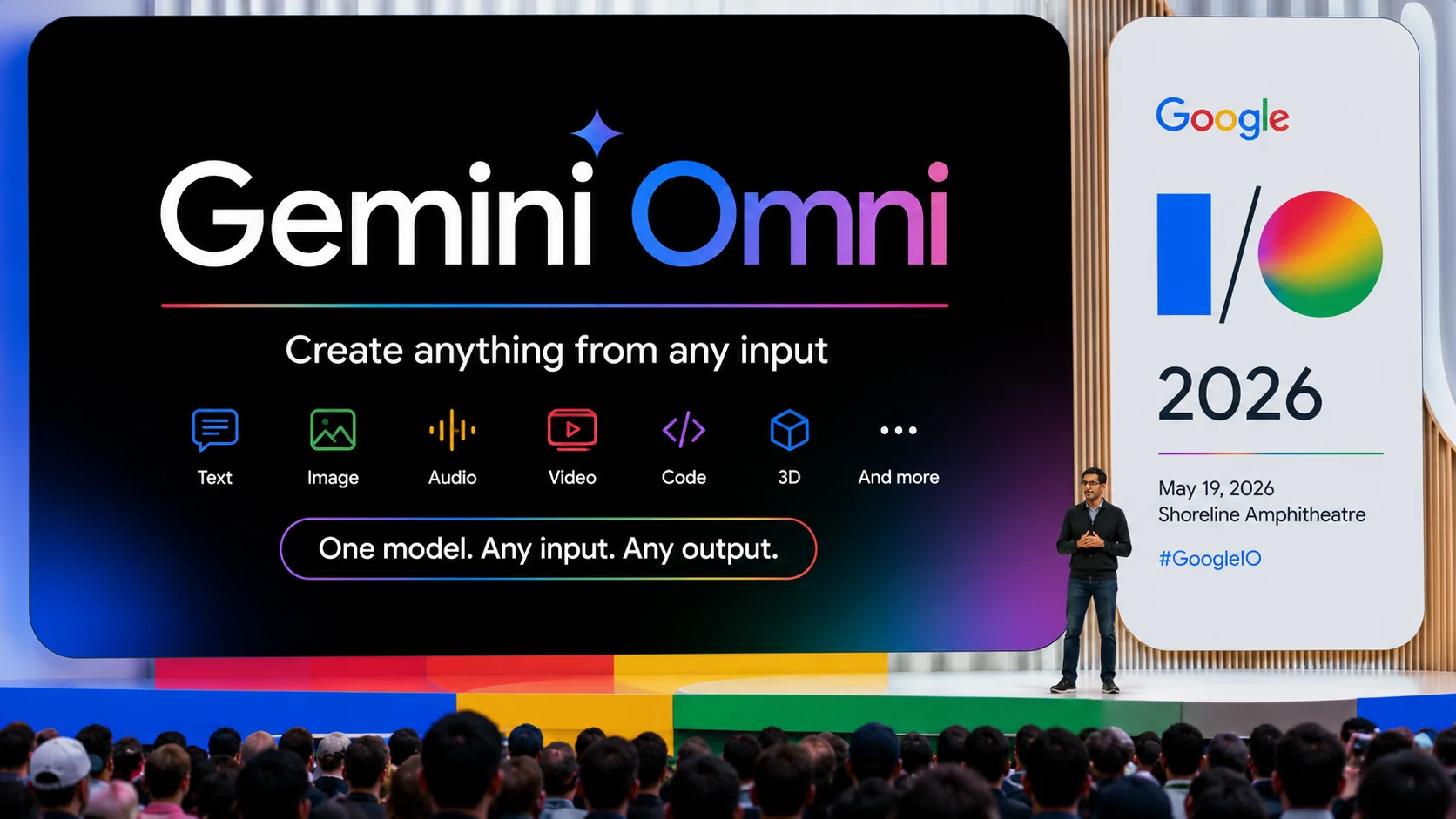 Gemini Omni Google IO 2026 announcement showing the world model launch keynote