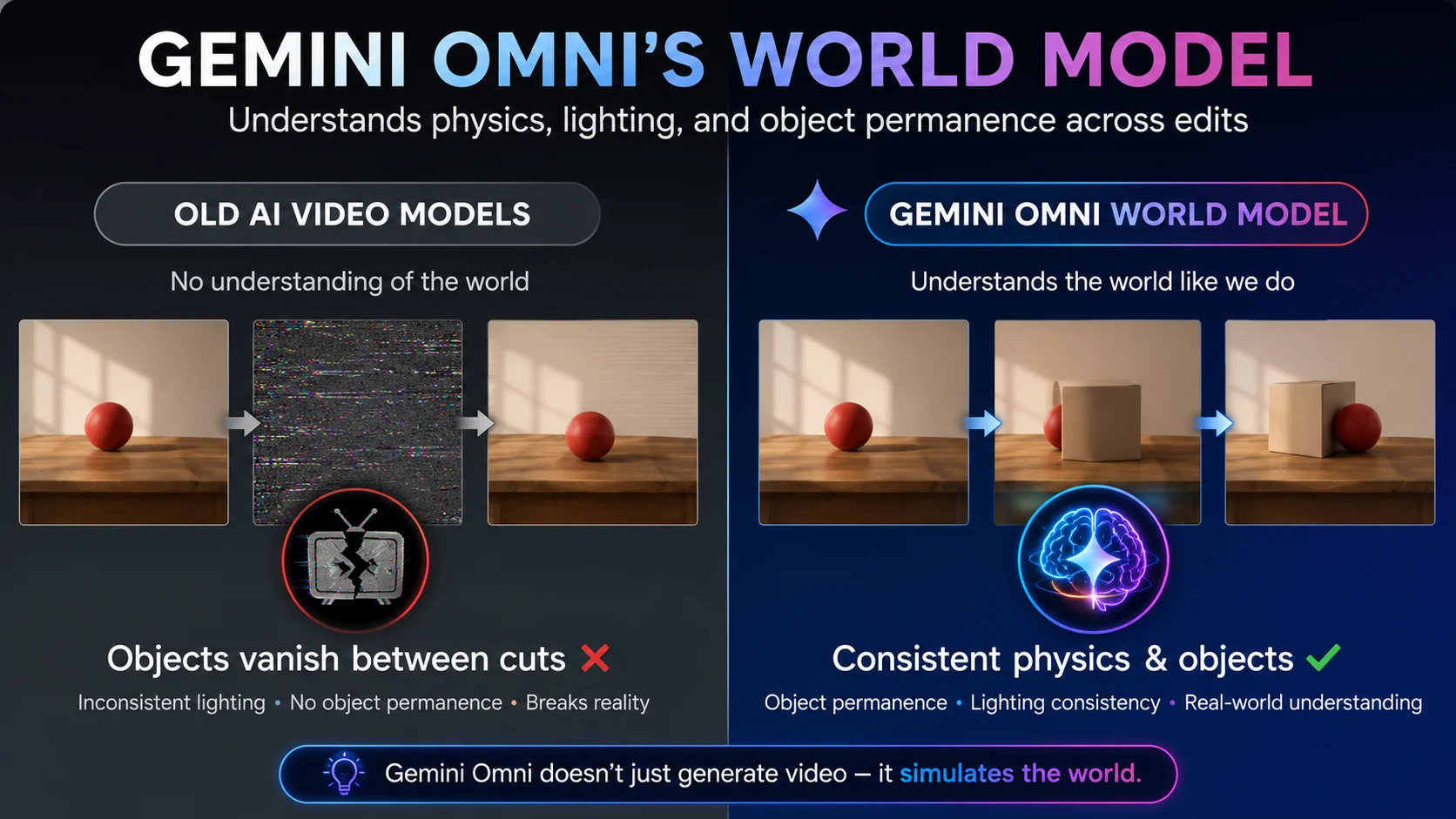 Gemini Omni world model physics explained 2026 showing object permanence and lighting consistency