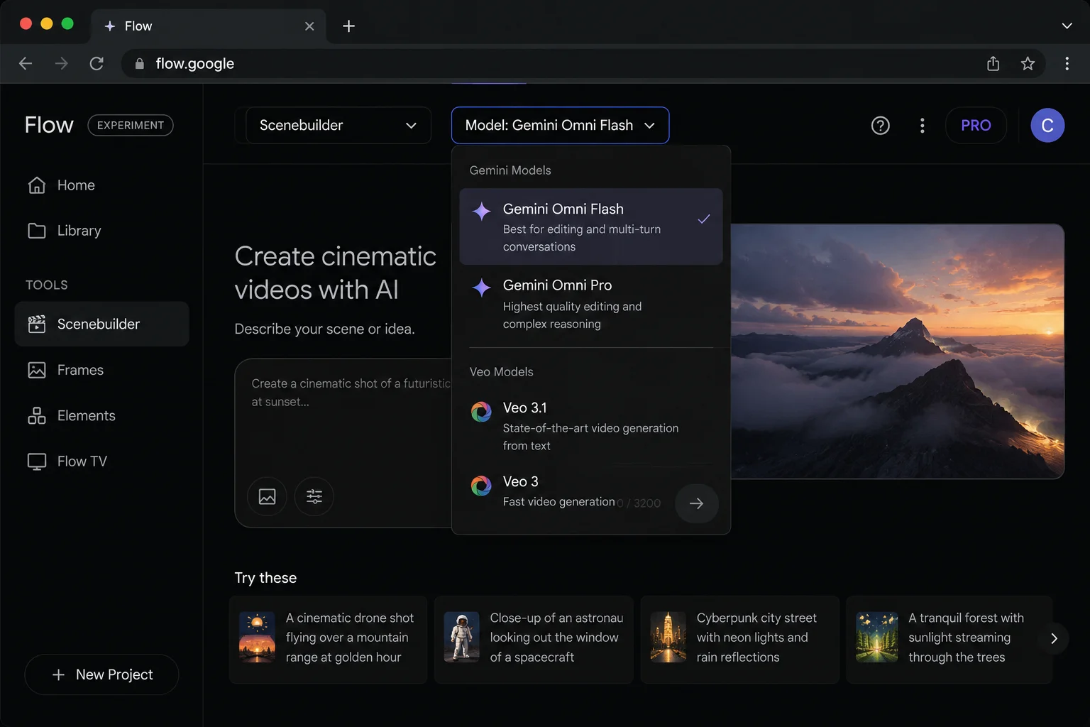 Gemini Omni Google Flow AI integration 2026 showing model selector with Omni and Veo options