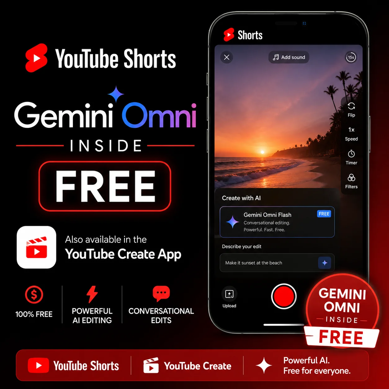Gemini Omni YouTube Shorts free access 2026 showing Create App integration