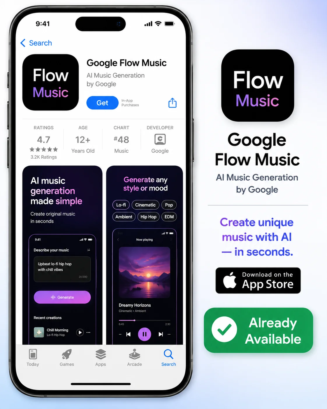 Google Flow Music iPhone App Store 2026 showing AI music generation already available for iOS