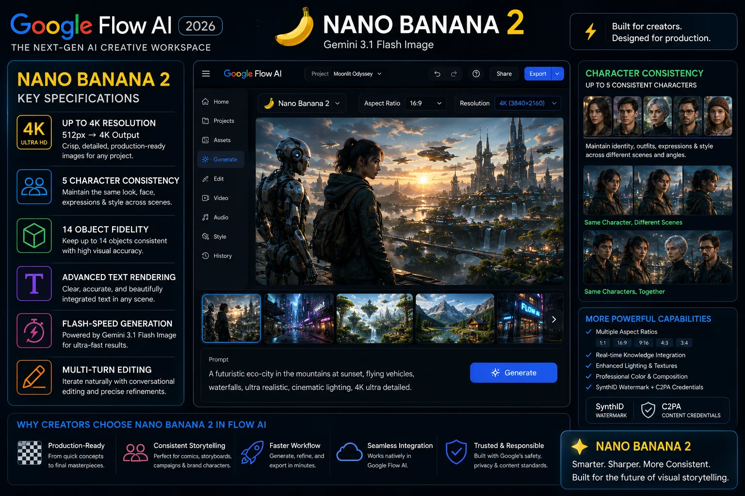 Nano Banana 2 image resolution 4K character consistency specs Google Flow 2026