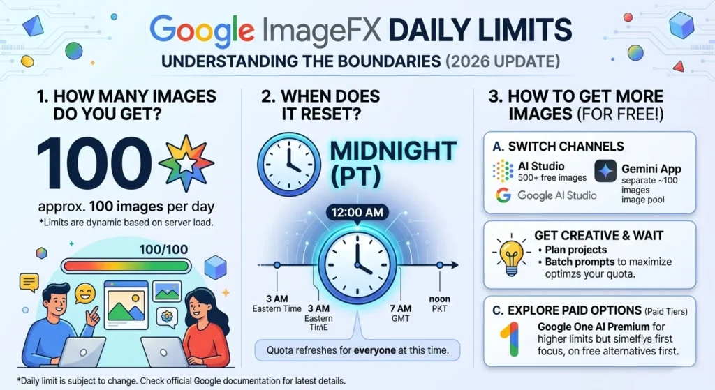 ImageFX daily limit explained 2026 showing generation limit message and reset timer