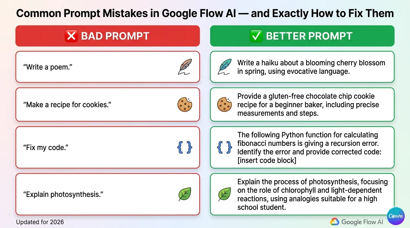 Google Flow AI common prompt mistakes and fixes 2026 showing bad vs good prompt examples