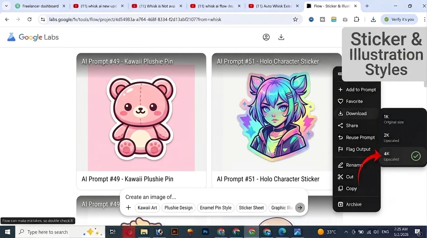 Google Flow AI sticker illustration prompts 2026 showing kawaii plushie enamel pin and sticker style outputs