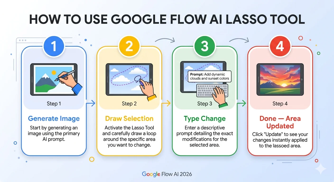 How to use Google Flow AI lasso tool step by step guide 2026 showing selection and text prompt process