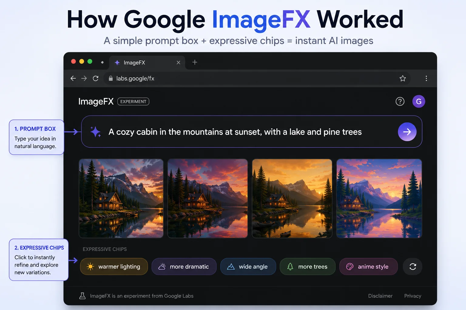 How Google ImageFX worked showing the prompt box and expressive chips interface