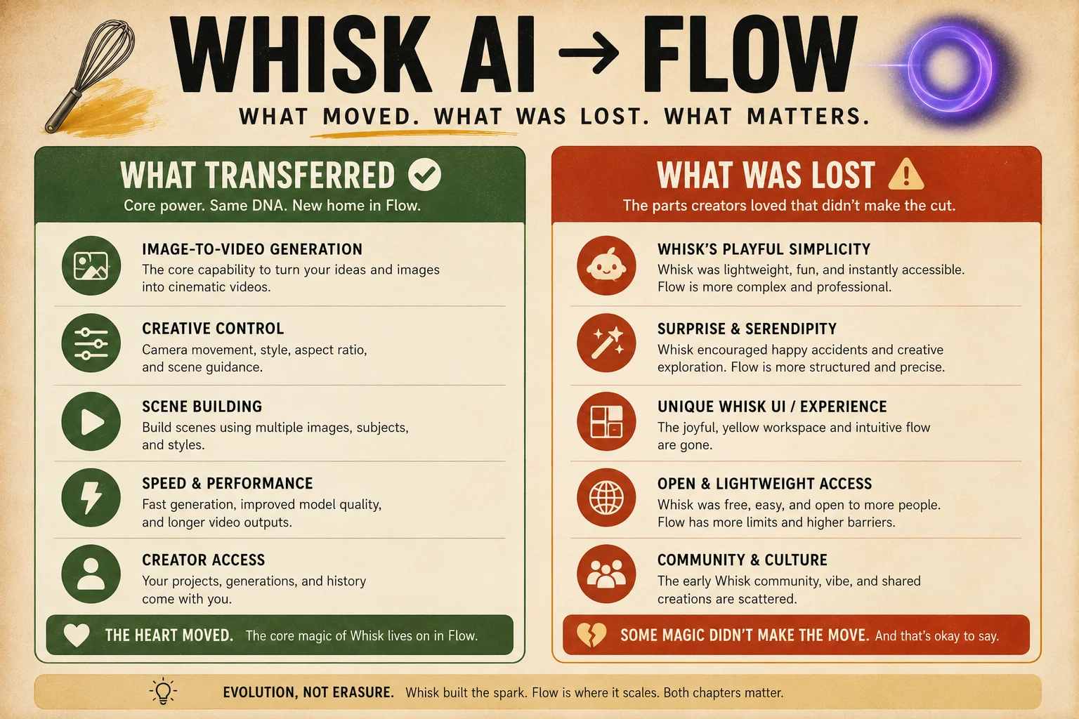 Whisk AI what transferred to Google Flow and what was lost 2026 showing feature comparison